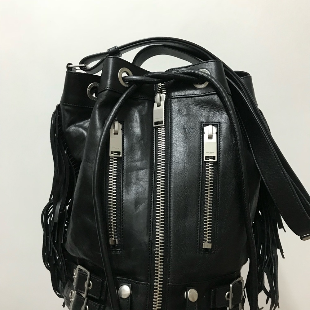 YSL Black Leather Fringe Bucket Bag